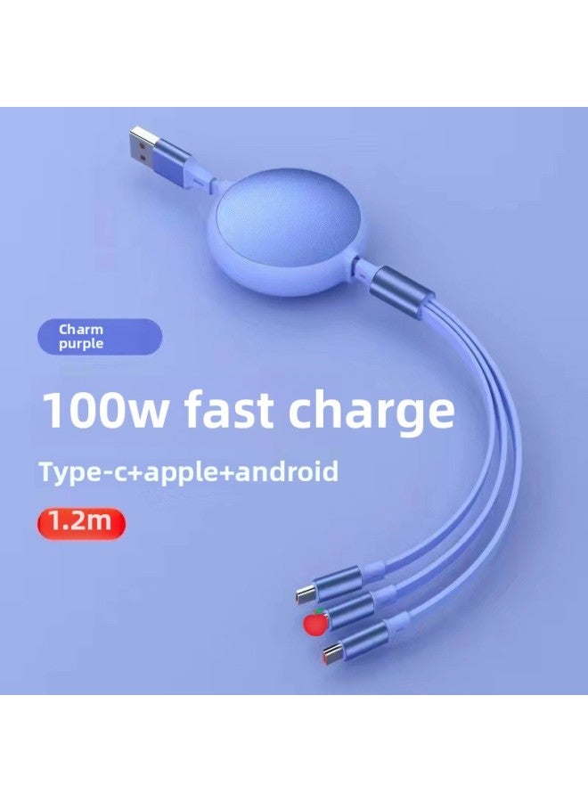 Super Fast Charge 100W Three-In-One Data Cable Retractable One-To-Three Charging Cable Gift Logo Car Charger Black PC+ABS-Model:Charm Purple - Image 1