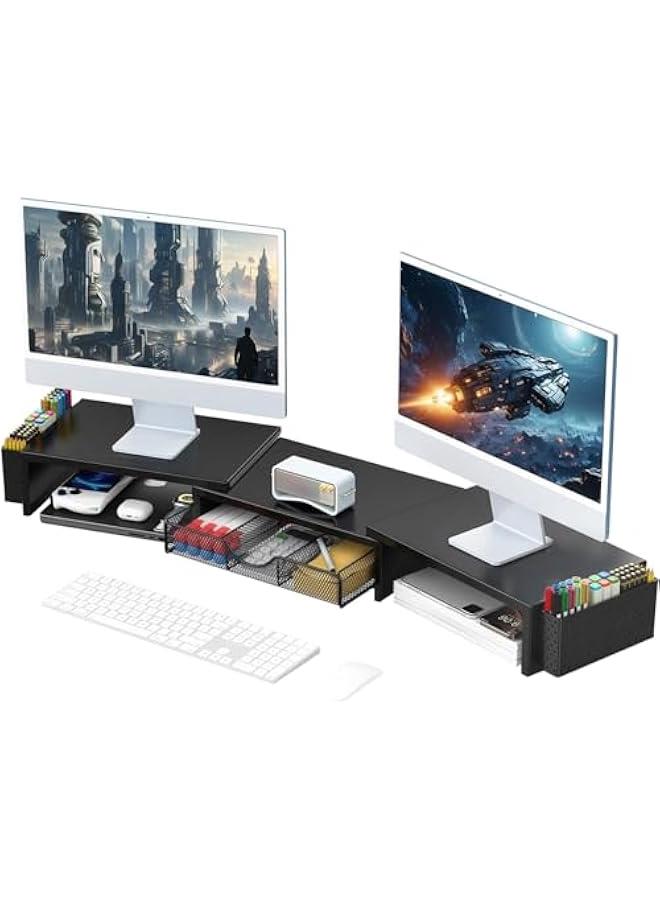 Arabest Dual Monitor Stand Riser, Desk Organizer With Drawer and 2 Pen Holders, Computer Monitor Stand, Desk Shelf for Top of Desk, Balck  - Image 1