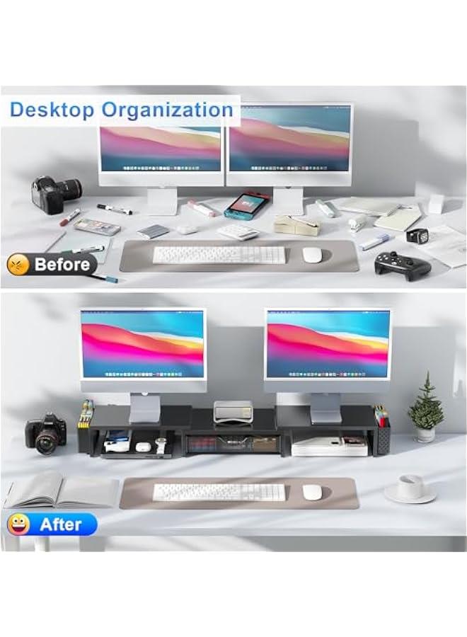 Arabest Dual Monitor Stand Riser, Desk Organizer With Drawer and 2 Pen Holders, Computer Monitor Stand, Desk Shelf for Top of Desk, Balck  - Image 2