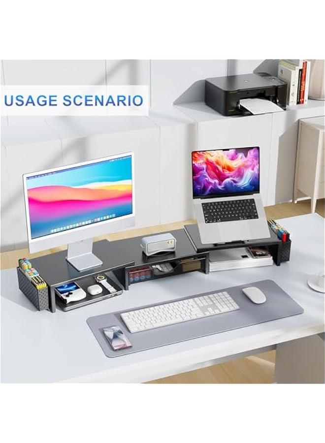 Arabest Dual Monitor Stand Riser, Desk Organizer With Drawer and 2 Pen Holders, Computer Monitor Stand, Desk Shelf for Top of Desk, Balck  - Image 4