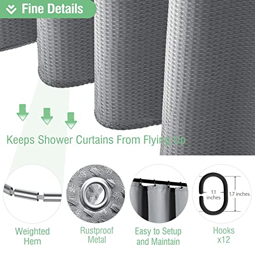 Dynamene Stall Fabric Shower Curtain - 36x72 Waffle Weave Heavy Duty Cloth Shower Curtains for Bathroom, Neutral Weighted Hotel Spa Luxury Bath Curtain Set with 6 Plastic Hooks,Grey/Gray - Image 4