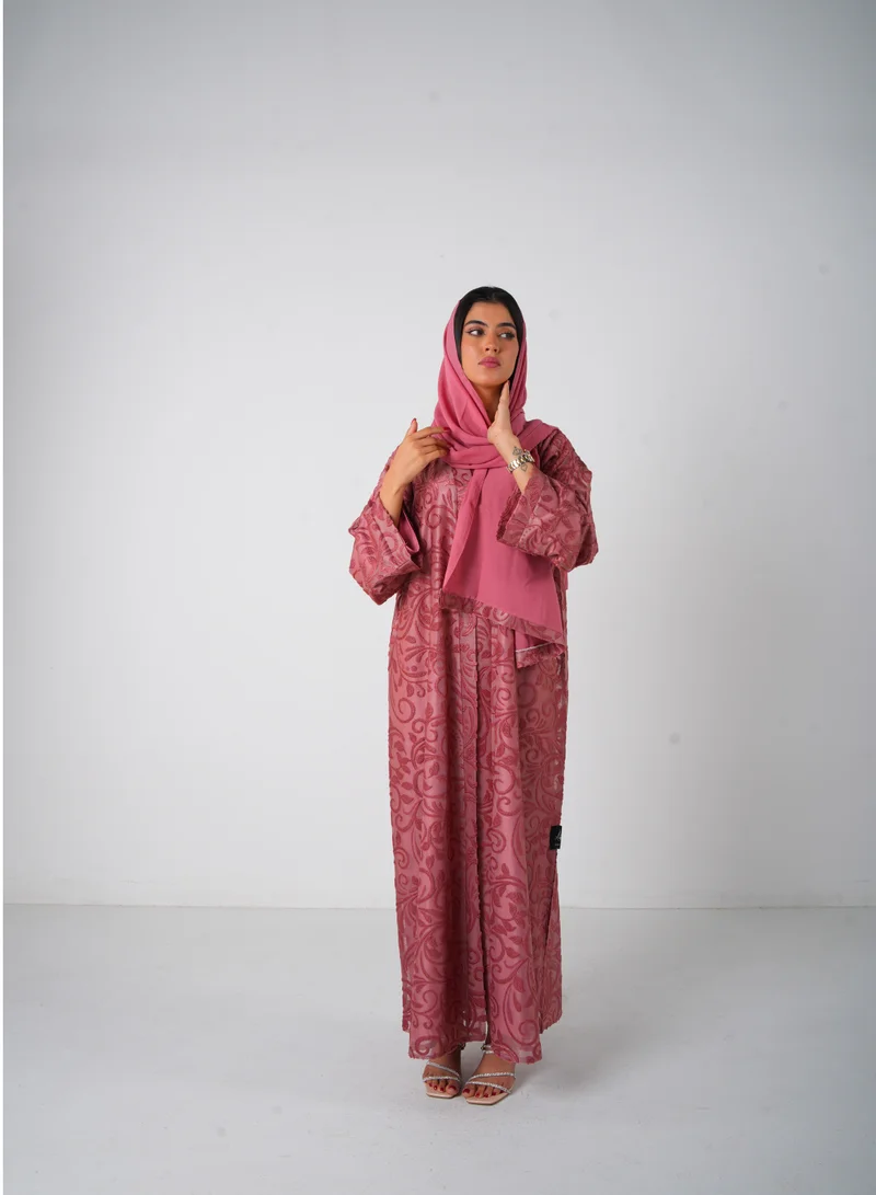 JAMEELA Dark Pink Full lace Open Abaya 3 pieces Set