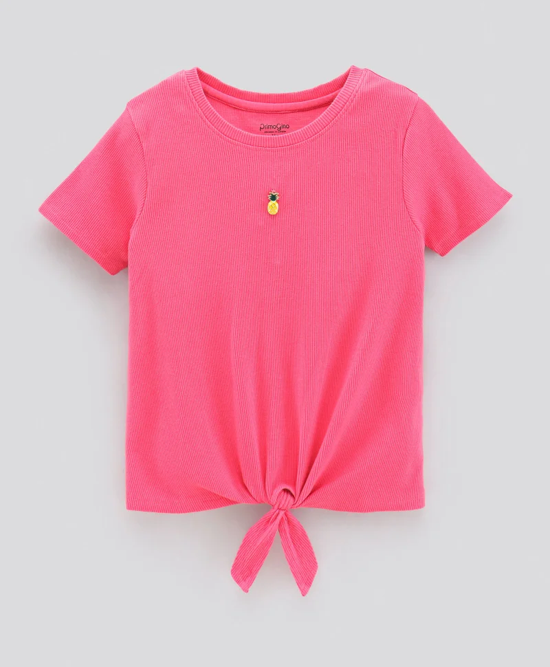 Primo Gino Primo Gino Half Sleeves 2x2 Rib Mock Knot T-shirt with Pineapple Trinket in Softer Cotton Elastane Fabric - Pink