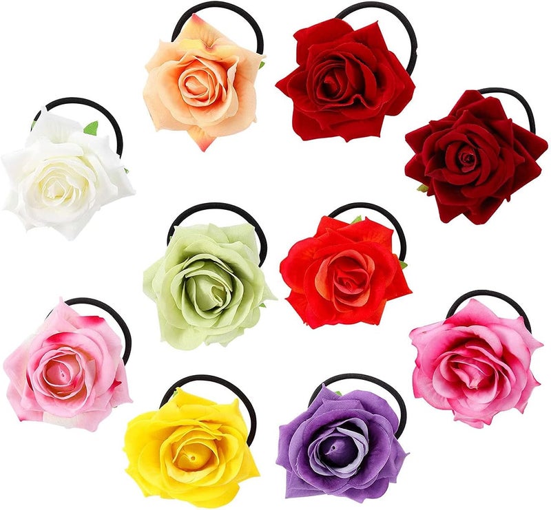 10 Pack Colorful Handmade Rose Flower Hair Bow Wreath Garland Elastic Stretchy Decorative Hair Ties Ponytail Holder Band Scrunchies Ring for Women Wedding Bridal Party Hairstyles