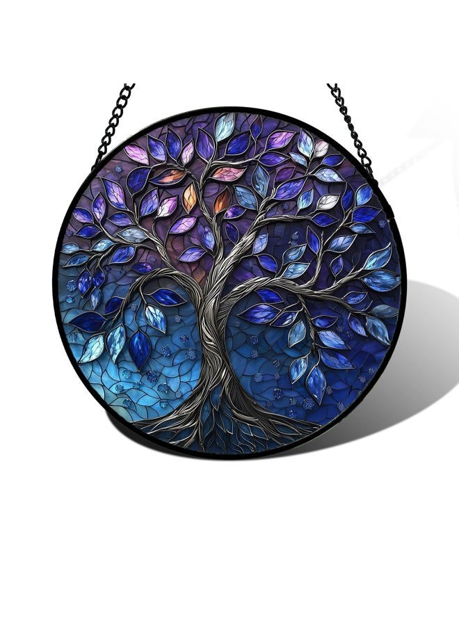 DASTOLL Stained Glass Window Hanging, Blue Purple Tree of Life Sun Catchers Colorful Glass Panel Plants Suncatcher Decor for Birthday for Women,Men,Wife, Lovers, and Mom 7.8 in - Image 1