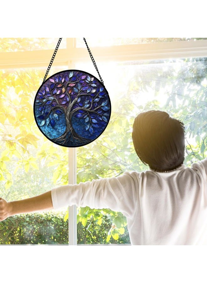 DASTOLL Stained Glass Window Hanging, Blue Purple Tree of Life Sun Catchers Colorful Glass Panel Plants Suncatcher Decor for Birthday for Women,Men,Wife, Lovers, and Mom 7.8 in - Image 2