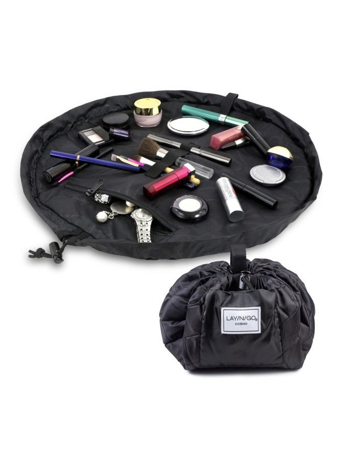 Lay-n-Go Cosmo Drawstring Cosmetic & Makeup Bag Organizer - Portable Drawstring Bag w/Zipper Pocket, Makeup Loops & More - Durable, Machine Washable Makeup Bag for Travel (20”, Black)  - Image 1