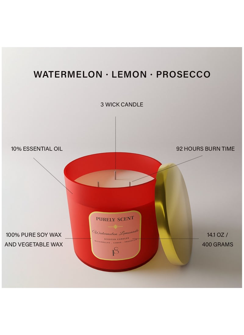 PURELY SCENT - Watermelon Lemonade Scented Candles, 100% Pure Soy Wax and Vegetable Wax, Fragrant Candles for Home, Office, 92 Hours Burn Time, Scented Candle for Aromatherapy, 14.1 Oz/400 Grams - Image 1