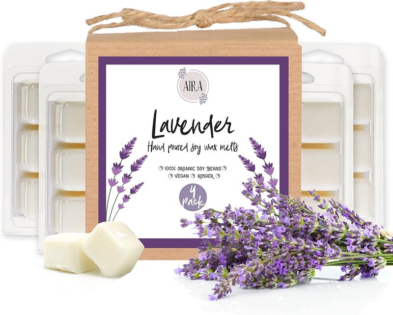 Aira Soy Wax Melt - Organic, Vegan, Kosher, Scented Soy Wax Cubes w/Essential Oil Blends - No Chemical 100% Soy Tart for Electric/Tealight Melters - Hand-Poured Soy Tarts - Lavender - 4 Pack - Image 1