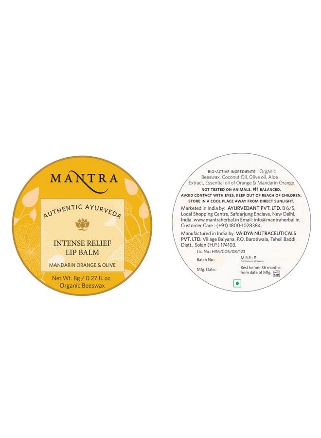 Mantra Intense Relief Lip Balm 8Gm Organic Beeswax Natural & Hydrating Lip Balm Moisturise Your Lips Help Treat Dark Or Discoloured Lips (Mandarin Orange & Olive) - Image 4