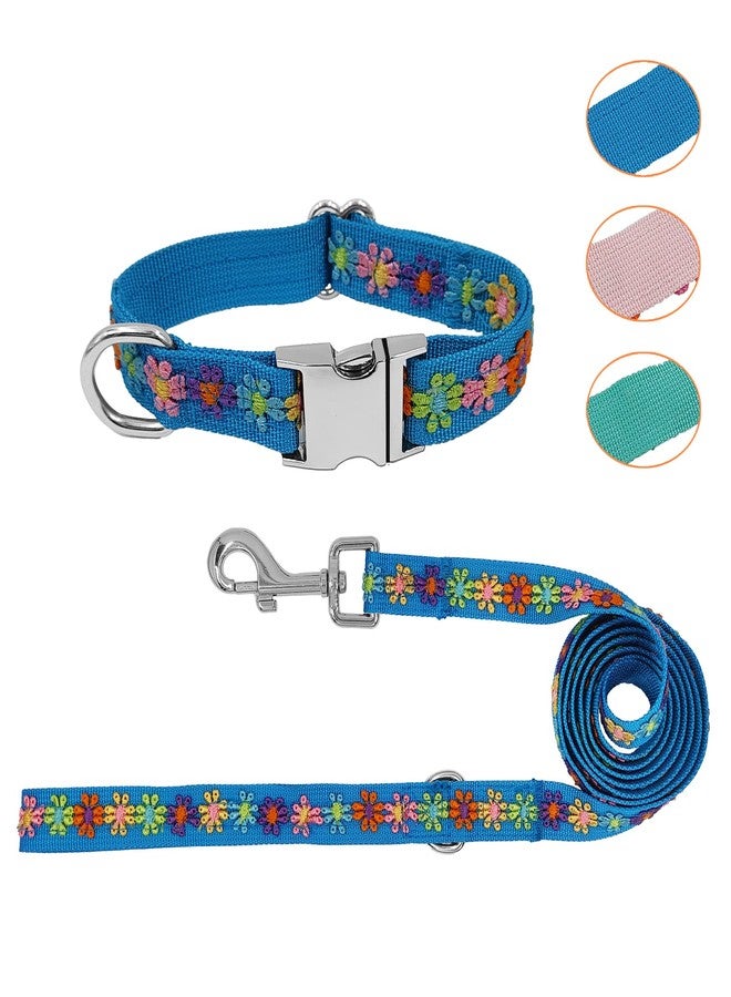 GINIDEAR Dog Collar and Leash Set for Girl Dogs with Cute Embroidery Lace Flowers for Daily Outdoor Walking, Adjustable for Small Medium Large Dogs. Blue, S - Image 1
