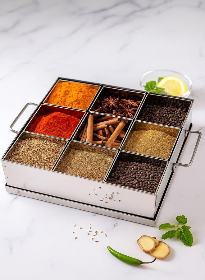 NYRA® Stainless Steel 9 IN 1 Spice Box Stainless Steel with Middle Container Partitions | Masala Dabba Steel Masala Box For Kitchen Steel | Masala Dani For Kitchen with lid. - Image 3