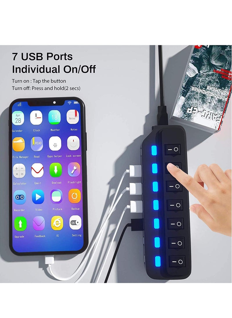 SYOSI USB Hub 3.0 Splitter, 7 Port USB Data Hub with Individual OnOff Switches and Lights for Laptop, PC, Computer, Mobile HDD, Flash Drive, PD Charging for Macbook and Other Type C Laptops  - Image 4