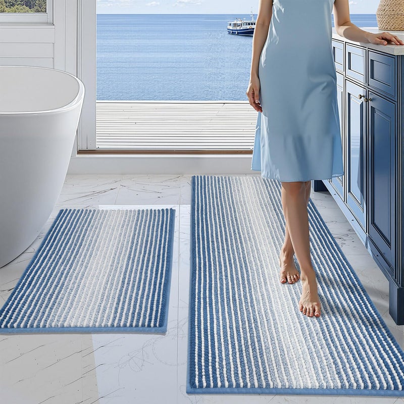BSICPRO Bathroom Rugs and Mats Sets, 2 Piece Thick Absorbent Chenille Bath Mat Rug Set Non Slip, Soft Shaggy Bath Room Floor Mats for Bathroom, Machine Washable (Sky Blue, 20" x 47" Plus 16" x 24") - Image 1
