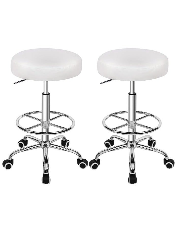 Generic Round Rolling Stool with Footrest and Wheels, Easy Assembly PU Leather Height Adjustable Drafting Swivel Chair for Spa Salon, Office, Medical, Beauty, Bar, Lab, White, Set of 2 - Image 1