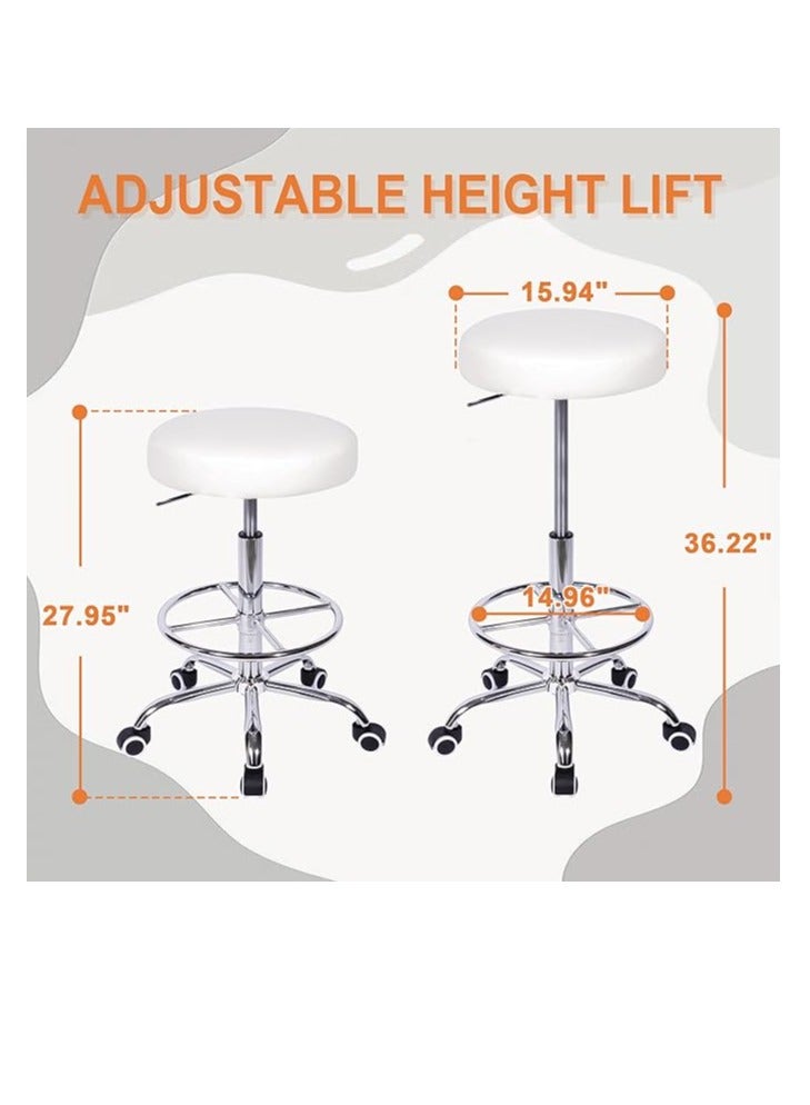 Generic Round Rolling Stool with Footrest and Wheels, Easy Assembly PU Leather Height Adjustable Drafting Swivel Chair for Spa Salon, Office, Medical, Beauty, Bar, Lab, White, Set of 2 - Image 3