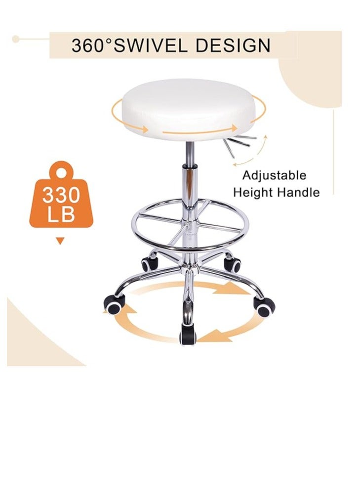 Generic Round Rolling Stool with Footrest and Wheels, Easy Assembly PU Leather Height Adjustable Drafting Swivel Chair for Spa Salon, Office, Medical, Beauty, Bar, Lab, White, Set of 2 - Image 4