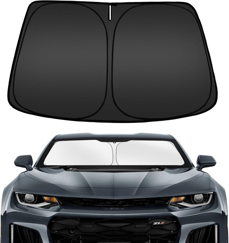 ARISMOTOR واقي شمسي للزجاج الأمامي م�� لسيارة شيفروليه شيفي كامارو 2016-2024، واقي شمسي أمامي قابل للطي مخصص، يحجب الأشعة فوق البنفسجية ويحافظ على برودة سيارتك - Image 1