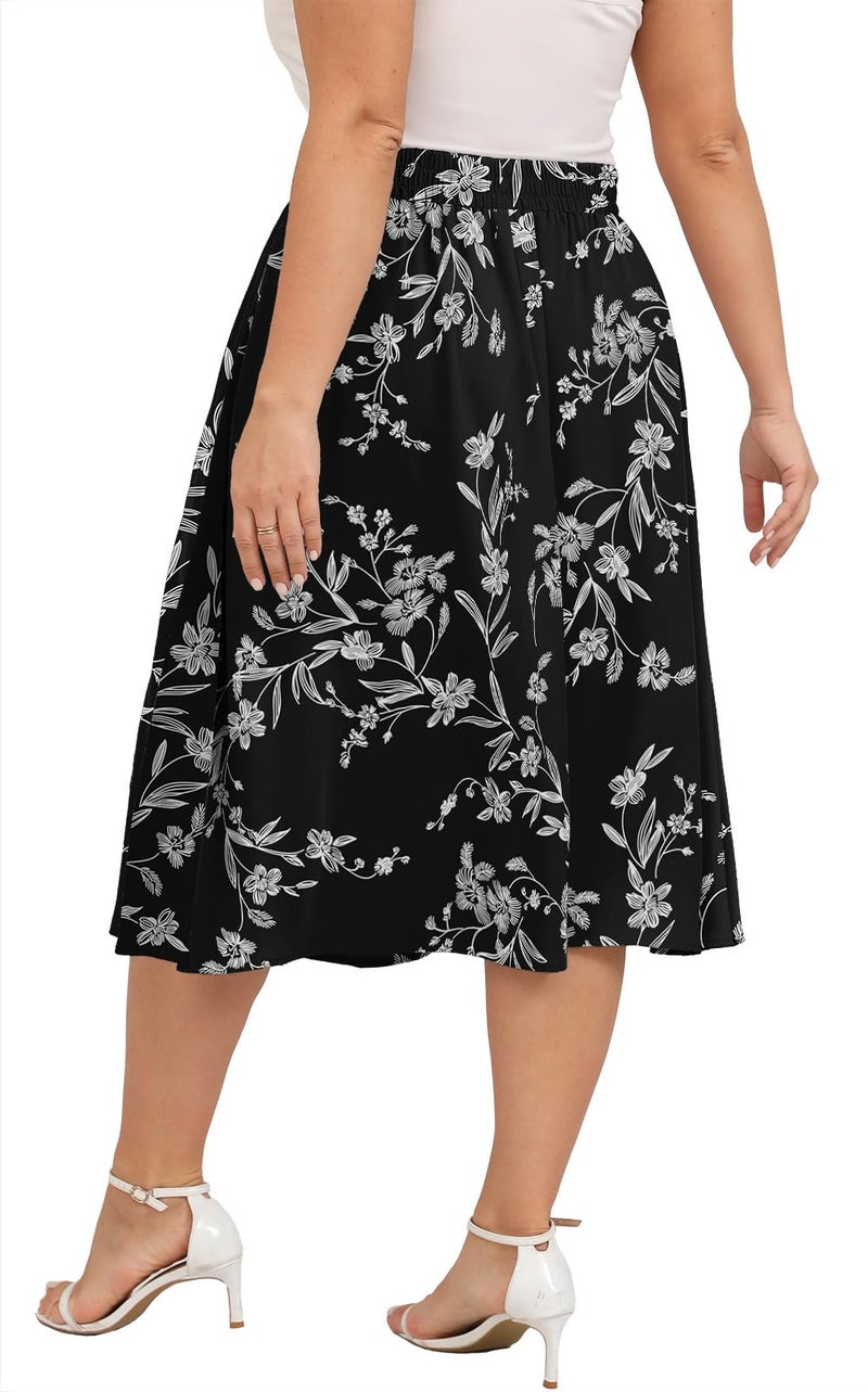 Xpenyo Womens Skirts 2024 Summer High Waisted Casual Work Plus Size Swing Skirts with Pockets,Black Flower,3XL - Image 2