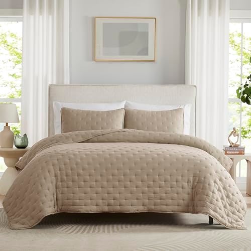 WDCOZY Beige Cloud California Cal King Size Quilt Bedding Sets with Pillow Shams, Oversized Tan Lightweight Bedspread Coverlet, Taupe Camel Soft Cute Bed Cover for All Season - Image 1