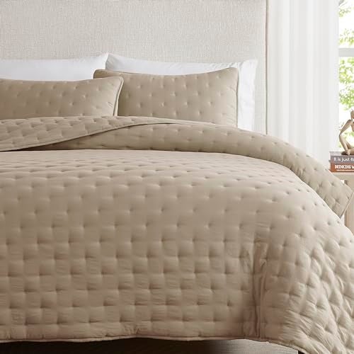 WDCOZY Beige Cloud California Cal King Size Quilt Bedding Sets with Pillow Shams, Oversized Tan Lightweight Bedspread Coverlet, Taupe Camel Soft Cute Bed Cover for All Season - Image 2