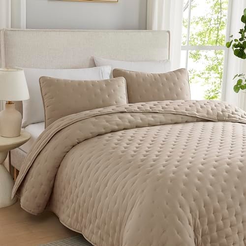 WDCOZY Beige Cloud California Cal King Size Quilt Bedding Sets with Pillow Shams, Oversized Tan Lightweight Bedspread Coverlet, Taupe Camel Soft Cute Bed Cover for All Season - Image 3
