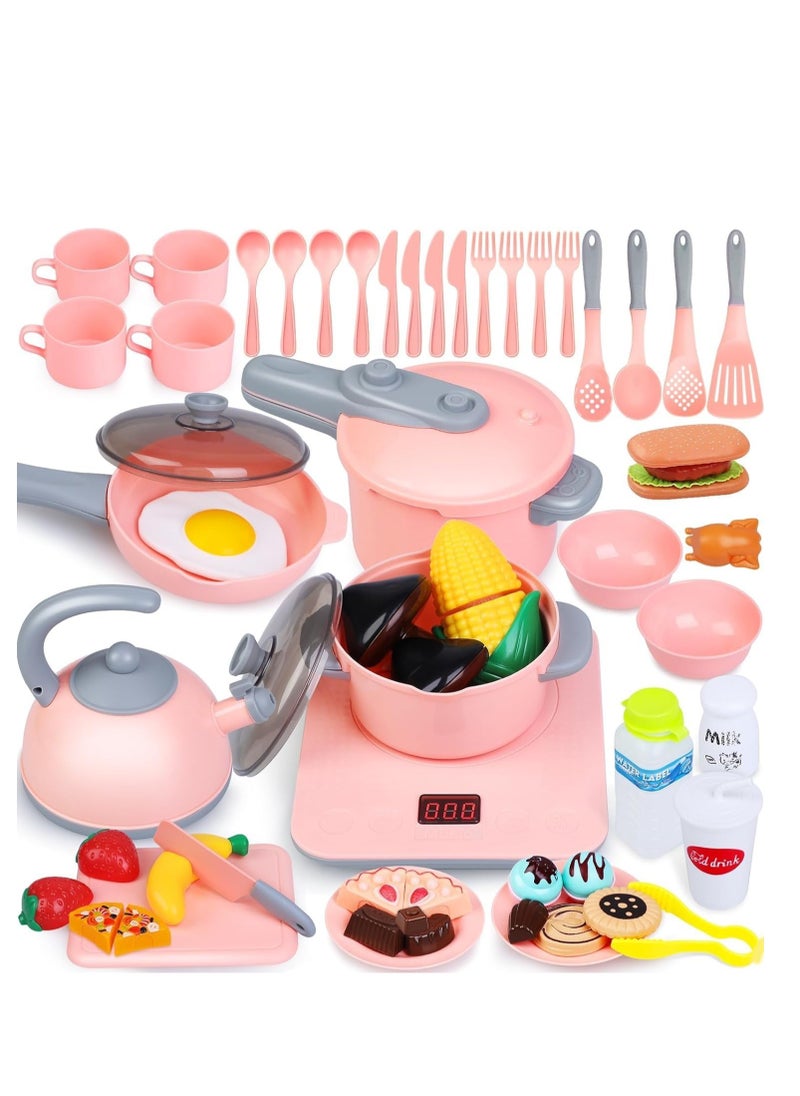 Womdee 54Pcs Kids Kitchen Toy Accessories Pretend Food Cooking Kitchen Playset Toys with Induction Cooktop ,Pots Pans ,Cutting Play Food  - Image 1