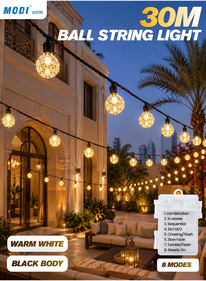 MODI 30 Meter 180LED Indoor & Outdoor Warm Color Ball String Ramadan Lights with 8 Lighting Modes - Black Wire, 12W IP44 Waterproof Warm White Crystal  – Eid, Christmas, Newyear, Diwali Decor Lights - Image 1