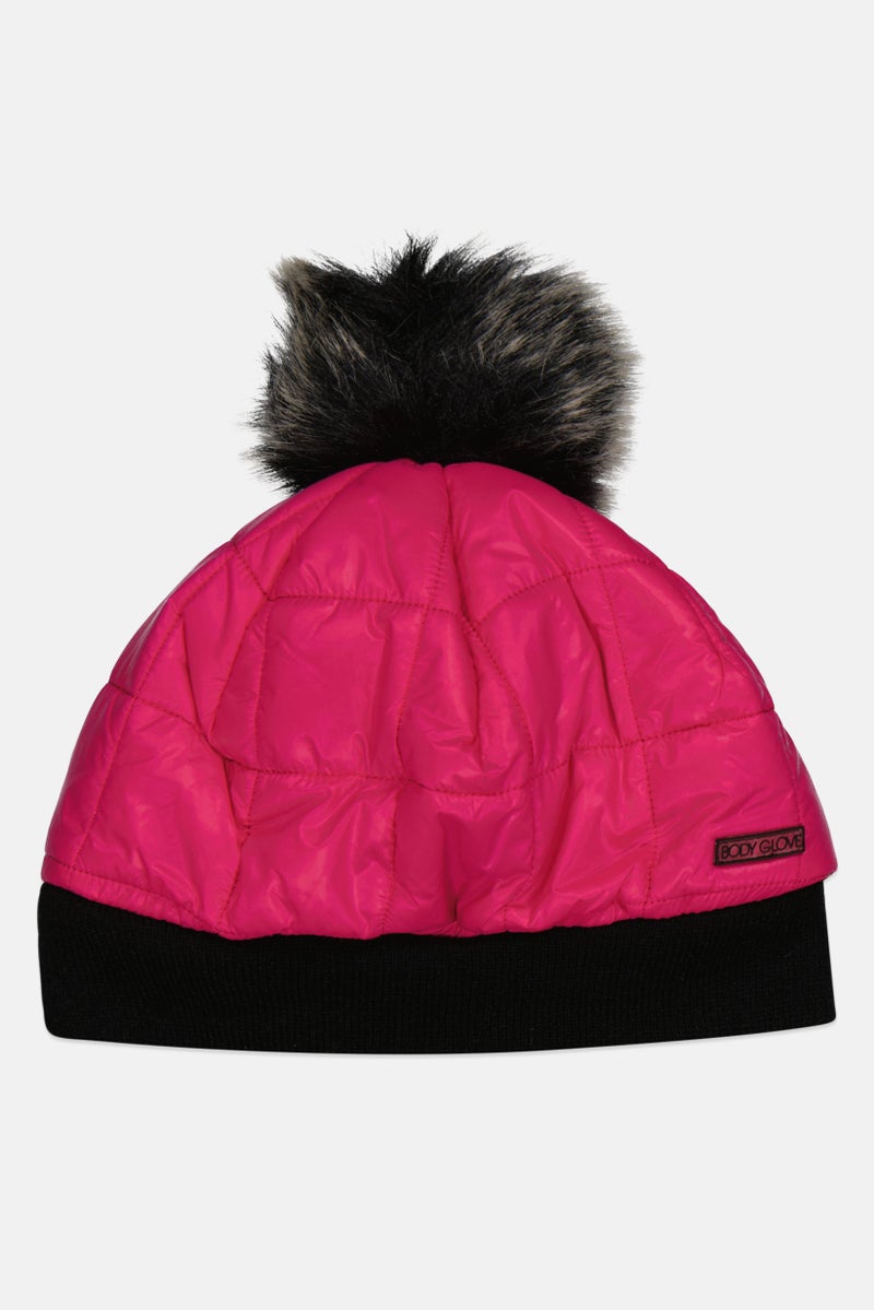 Body Glove Women Shiny Quilted Pompom Beanie, Dark Pink  - Image 1