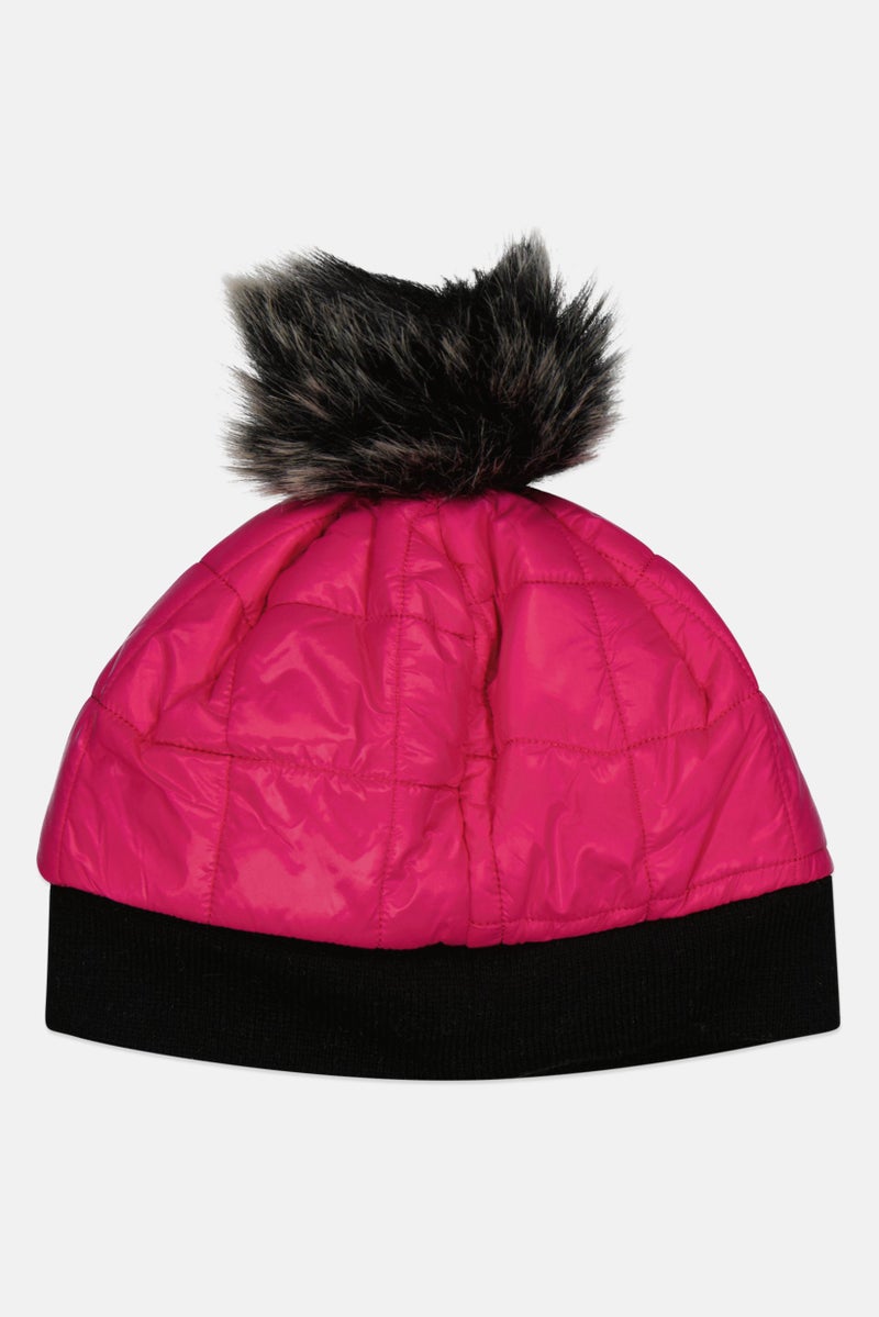 Body Glove Women Shiny Quilted Pompom Beanie, Dark Pink  - Image 2