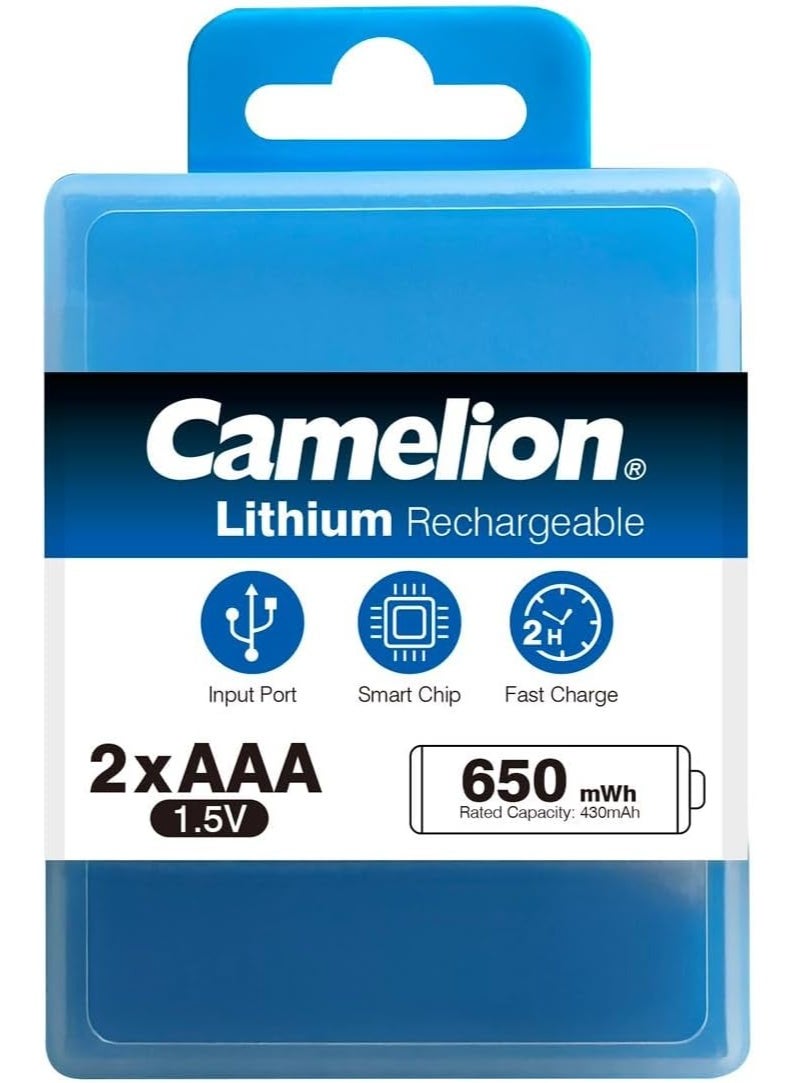 Camelion Camelion Rechargeable Lithium AAA Batteries 1.5V Li-AAA650mWh – High Performance with Type-C Fast Charging (Pack of 2) - Image 2
