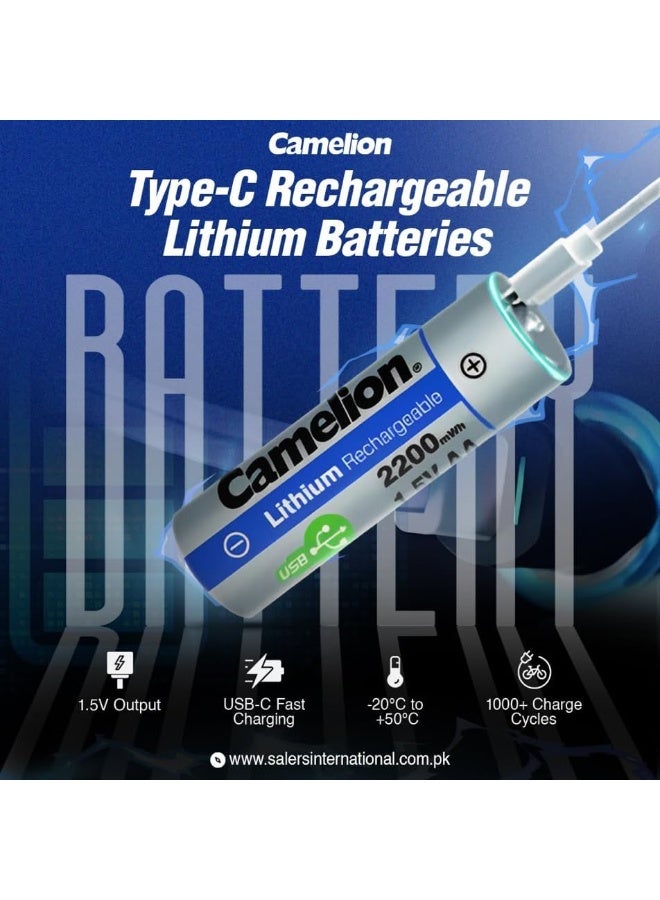 Camelion Camelion Rechargeable Lithium AAA Batteries 1.5V Li-AAA650mWh – High Performance with Type-C Fast Charging (Pack of 2) - Image 1