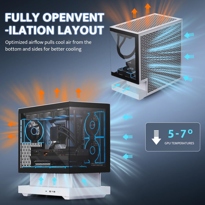darkFlash FLOATRON F1(2025) Micro-ATX PC Case, 270Â° Panoramic Floating Gaming Case, Back Connect Support, 3X ARGB PWM Fans, High Airflow, Type-C, Supports 360mm AIO (W/o RGB Fans) - Image 4
