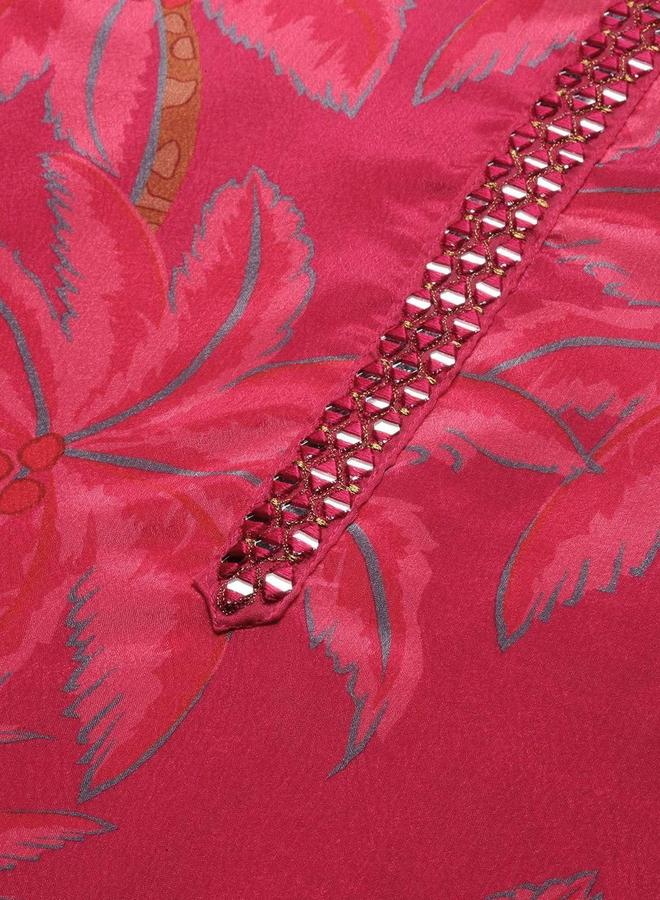 آي شين طقم كورتا وبنطال مع شال مزين بنقشة زهور بلون أحمر - Image 3