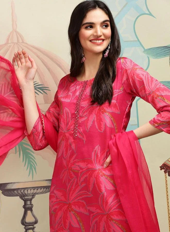 آي شين طقم كورتا وبنطال مع شال مزين بنقشة زهور بلون أحمر