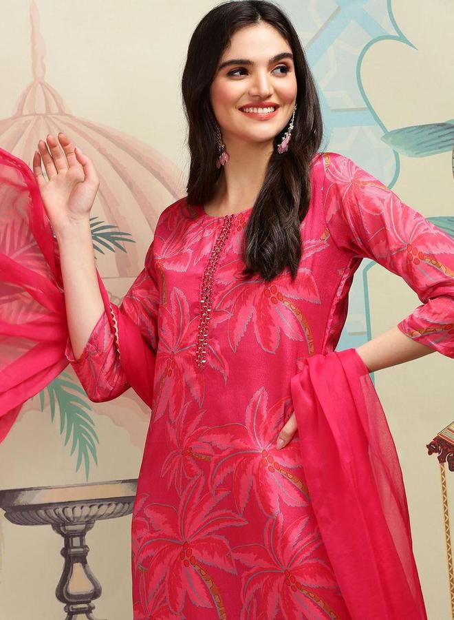 آي شين طقم كورتا وبنطال مع شال مزين بنقشة زهور بلون أحمر - Image 1