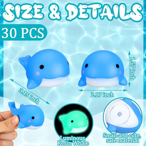 RoundFunny 30 Pcs Whale Rubber Bath Toys Glow in The Dark Mini Sea Animal Blue Squeezable Squeak Toys for Beach Pool Shower Play Floating Favors Carnival Decoration - Image 5