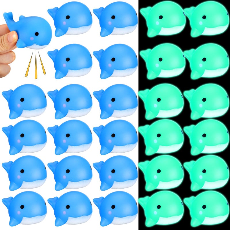 RoundFunny 30 Pcs Whale Rubber Bath Toys Glow in The Dark Mini Sea Animal Blue Squeezable Squeak Toys for Beach Pool Shower Play Floating Favors Carnival Decoration - Image 3