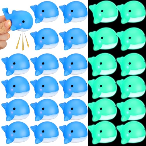 RoundFunny 30 Pcs Whale Rubber Bath Toys Glow in The Dark Mini Sea Animal Blue Squeezable Squeak Toys for Beach Pool Shower Play Floating Favors Carnival Decoration - Image 1