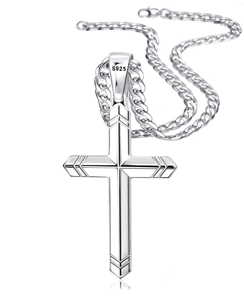 Besteel 925 Sterling Silver Cross Necklace for Men Women, 5MM Durable Stainless Steel Cut Cuban Link Curb Chain with Silver Cross Pendant, Mens Cross Crucifix Necklaces Jewelry 51cm - Image 1