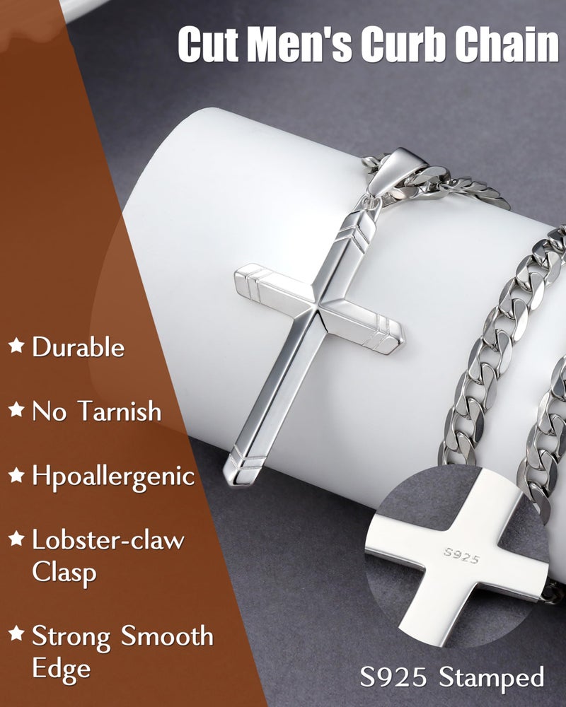 Besteel 925 Sterling Silver Cross Necklace for Men Women, 5MM Durable Stainless Steel Cut Cuban Link Curb Chain with Silver Cross Pendant, Mens Cross Crucifix Necklaces Jewelry 51cm - Image 3