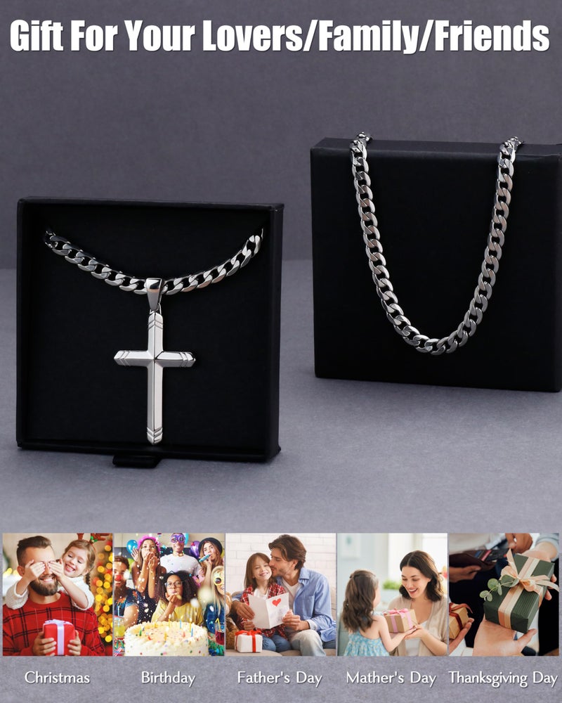 Besteel 925 Sterling Silver Cross Necklace for Men Women, 5MM Durable Stainless Steel Cut Cuban Link Curb Chain with Silver Cross Pendant, Mens Cross Crucifix Necklaces Jewelry 51cm - Image 2