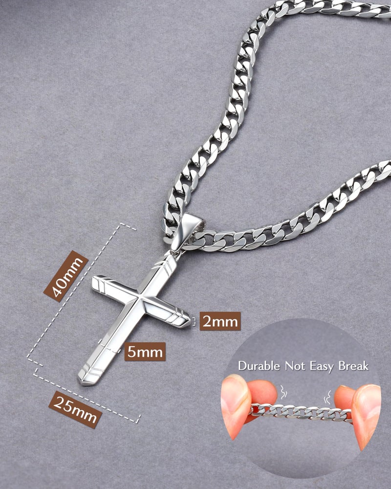Besteel 925 Sterling Silver Cross Necklace for Men Women, 5MM Durable Stainless Steel Cut Cuban Link Curb Chain with Silver Cross Pendant, Mens Cross Crucifix Necklaces Jewelry 51cm - Image 4