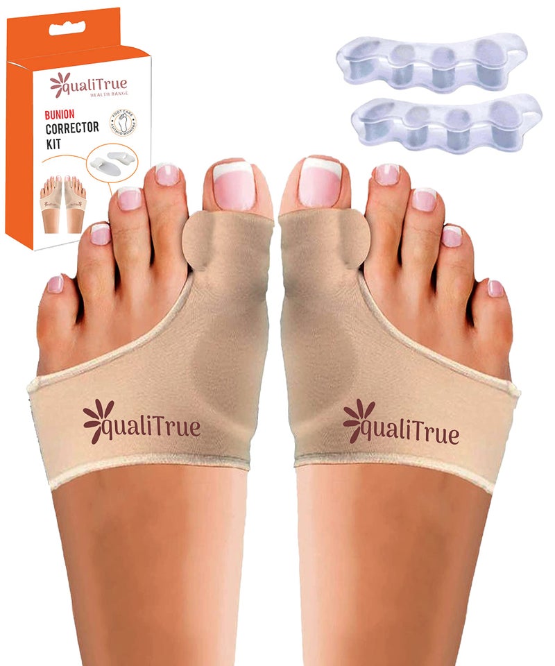 Qualitrue Toe Separator Bunion Corrector For Women Free Silicone Guard Bunion Thumb Corrector Plantar Fasciitis Relief Product Gel Pad Cushion, Toe Brace, Spacers, Bunion Splint Hallux Valgus Fits With Shoes And Socks Uk4 To Uk8 (Bunion Brace + 5 Finger Separator) - Image 1