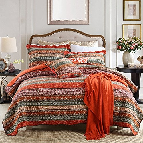 NEWLAKE Striped Classical Cotton 3-Piece Patchwork Bedspread Quilt Sets, Queen Size - Image 1