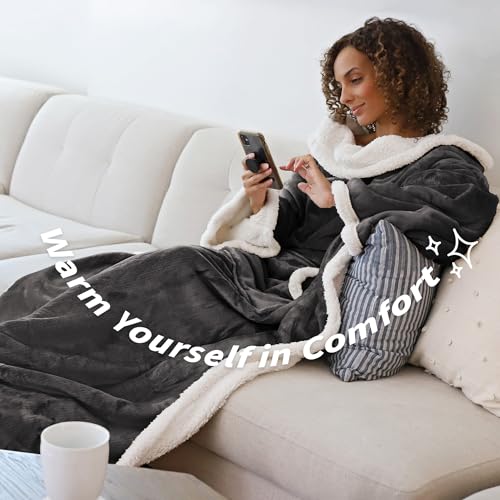 Catalonia Sherpa Wearable Blanket with Sleeves Arms, Comfy Sleeved TV Wrap Blanket, Large Snuggly Throw for Women and Men, Gift for Her - Image 3