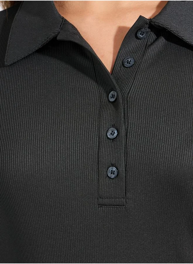 Styli Rib Fitted Polo T-Shirt with Button Placket