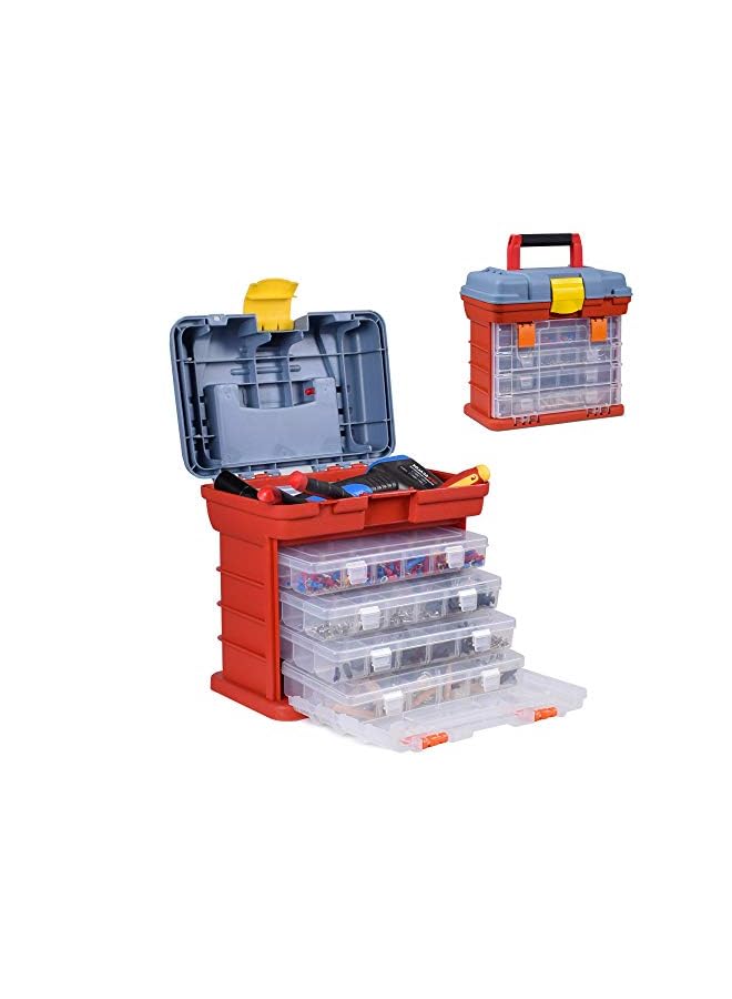 PROMASS Box Storage, Small Utility Tool Storage Box, Portable Crafts Organizer Case with 4 Drawers, for Screws Nuts, Bolts, Orange  - Image 2