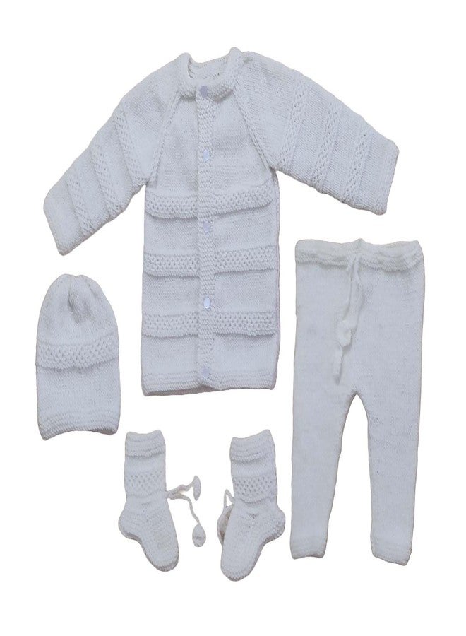 Cute Collection Hand Knitted New Born Baby Woolen Sweater with Pyjami, Cap and Pair of Booties for 0 to 6 Months Babies and New Born Baby White - Image 1