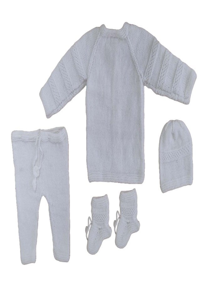 Cute Collection Hand Knitted New Born Baby Woolen Sweater with Pyjami, Cap and Pair of Booties for 0 to 6 Months Babies and New Born Baby White - Image 3